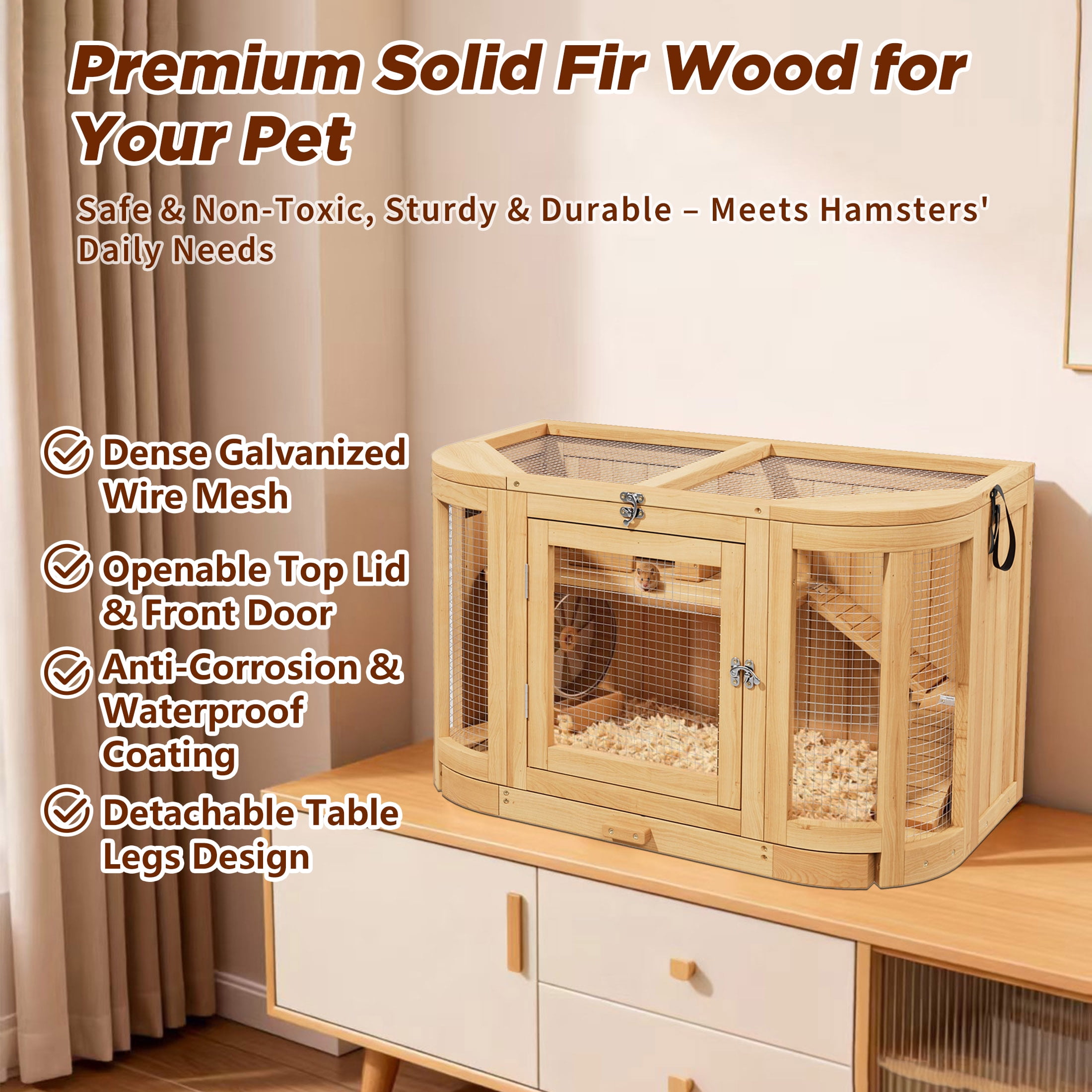 Large Wooden Hamster Cage with Openable Top,Chew Proof Hamsters Enclosure with Detachable Leg Design and Tray,Natural