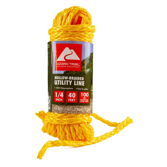 Ozark Trail Hollow-Braided Polypropylene Utility Line, 1/4 in x 40 ft, 100 lb Maximum Working Load, Yellow