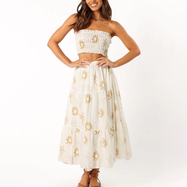 WILLBEST Drop Waist Dress Women Women's Two Piece Pattern Print Outfits Off Shoulder Ruched Bandeau Tube Tops Long Flowy A Line Skirt Boho Set