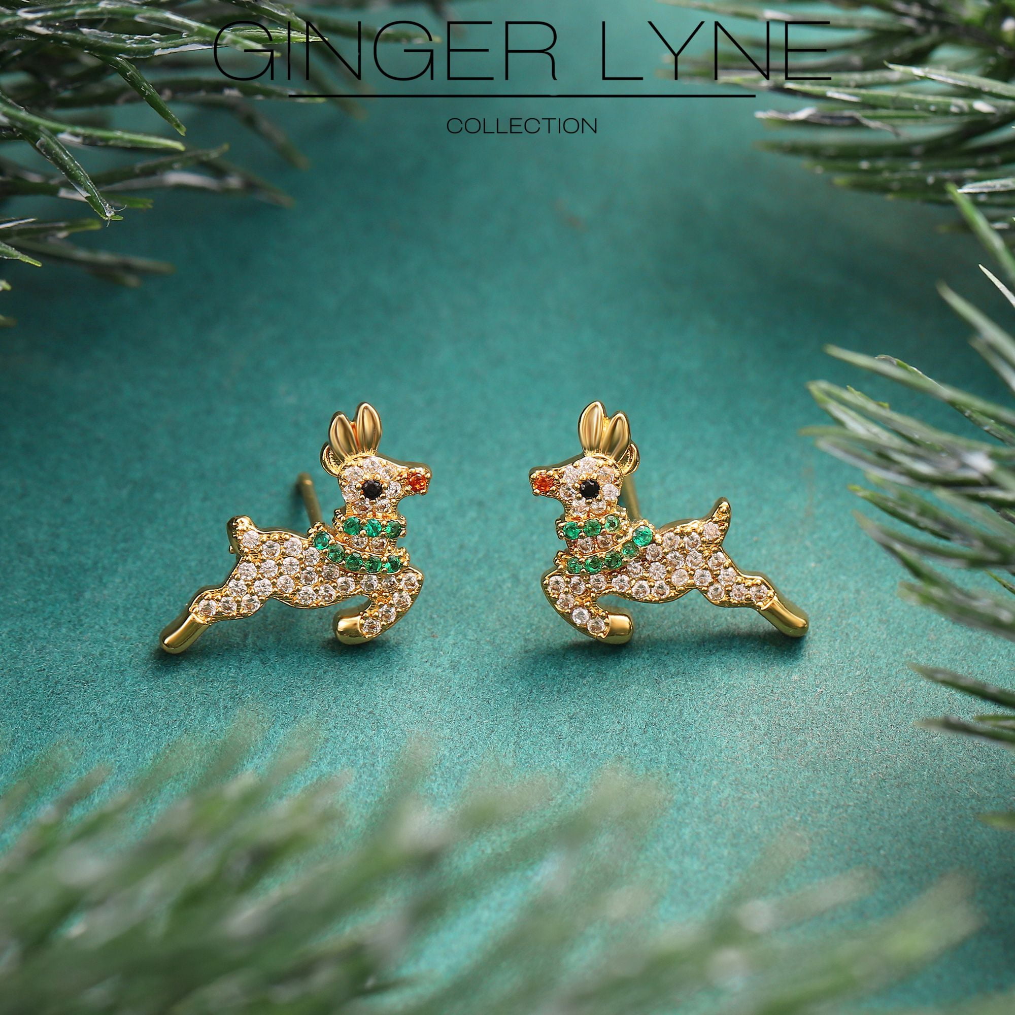 Christmas Reindeer Earrings Womens Flying Deer 14KT Gold Plated Stud CZ Ginger Lyne Collection