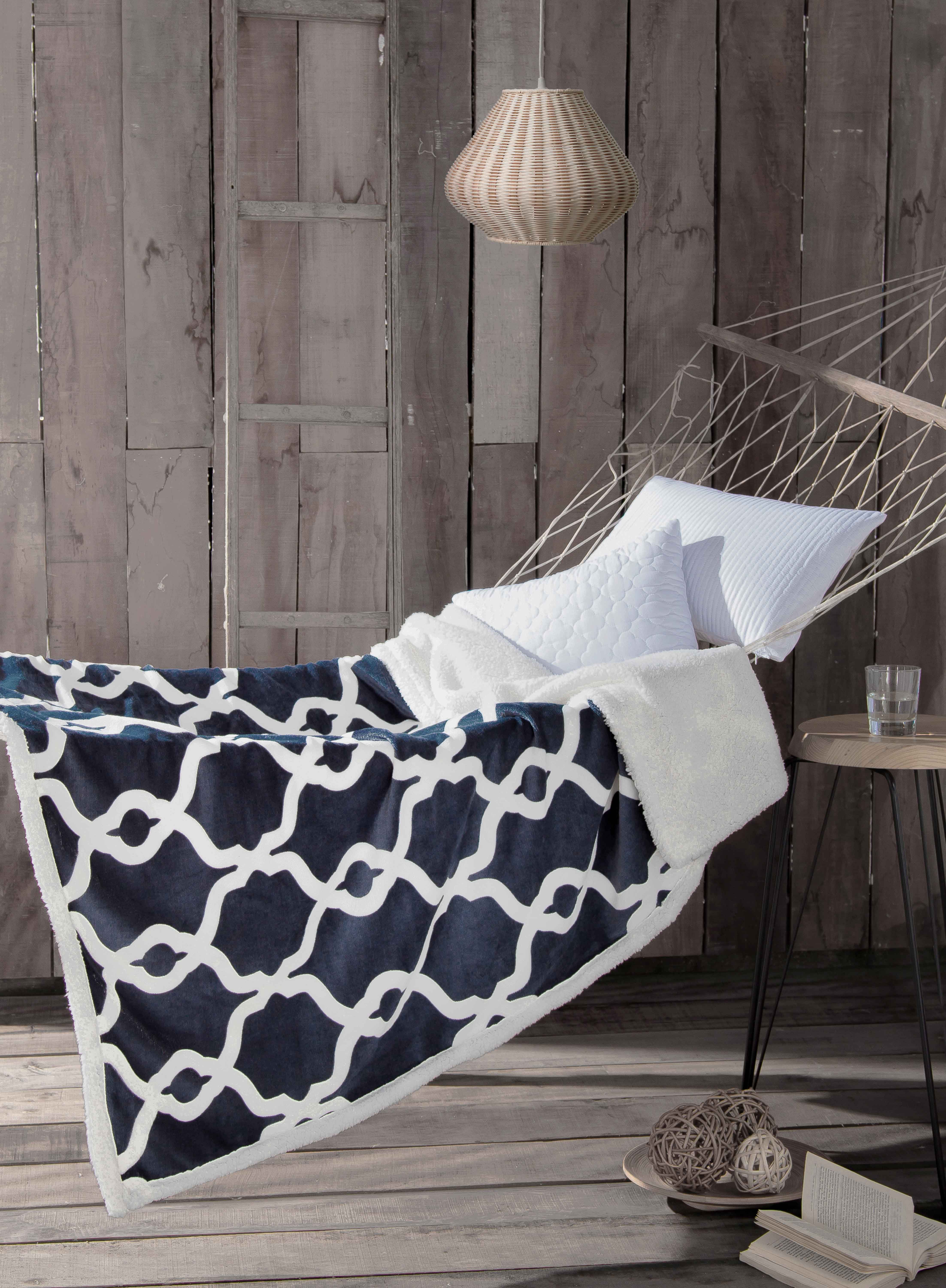 Navy Blue Reversible Sherpa Plush Fleece Throw Blanket Moroccan