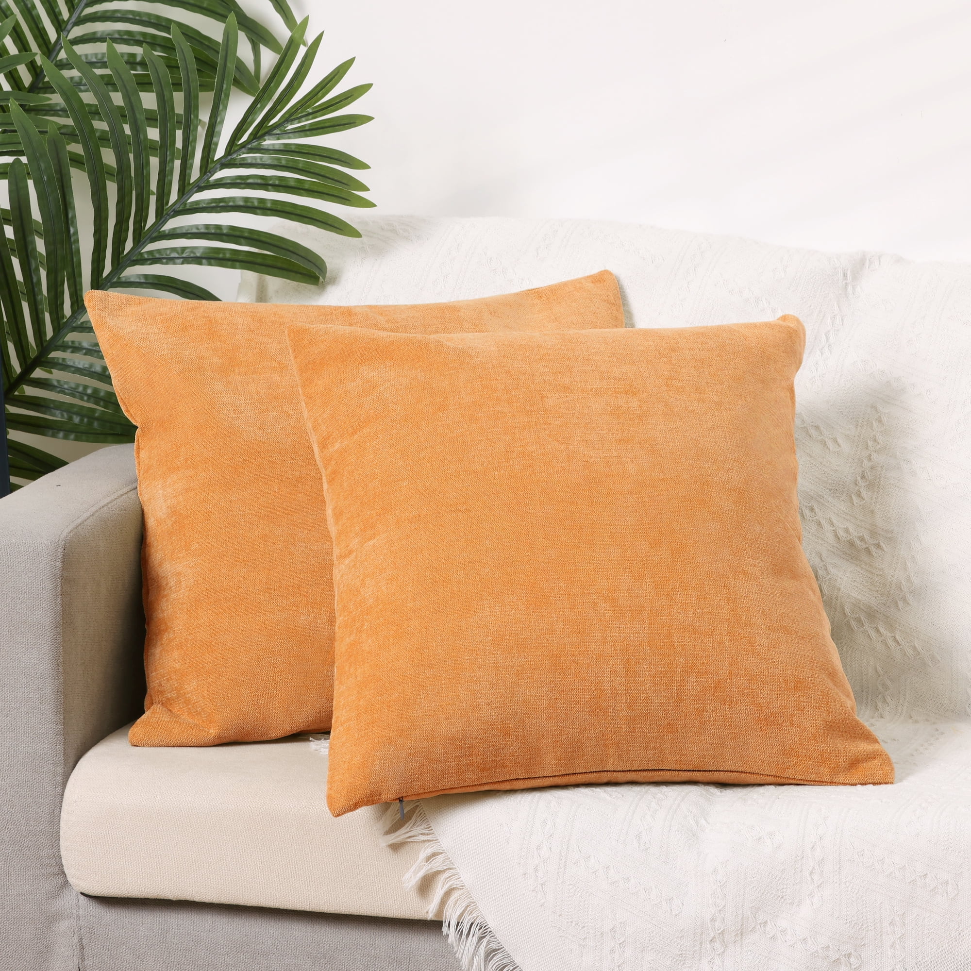 Unique Bargains Solid Chenille Throw Pillow Covers Set of 4 Decorative Pillow Covers Orange/Navy Blue 20" x 20"