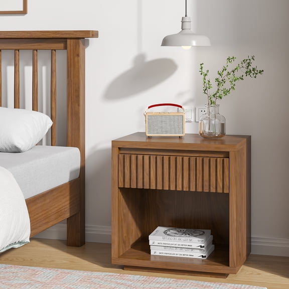 Nightstand with Drawer, Mid Century Nightstands with Open Storage Shelf, Bedside Table for Bedroom
