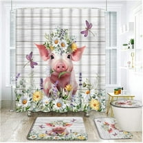 4 Piece Farmhouse Pig Shower Curtain Set with Rugs, Toilet Lid Cover ,Watercolor Spring Cute Pink Pig with Daisy Flower Dragonfly Butterfly on Rustic Wooden Board Bathroom Shower Curtain with Hooks