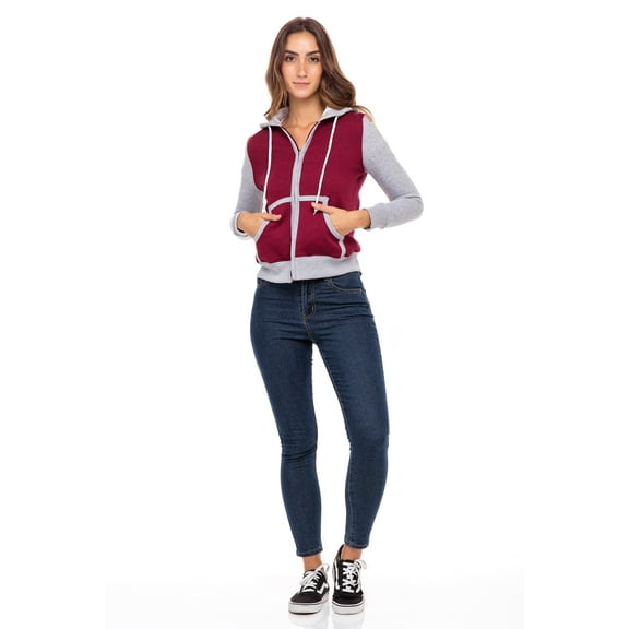 Women's Fleece Full Zip Hoodie Sweatshirt Ladies Classic Fit Long-Sleeve Jackets Gray Arm Maroon XL