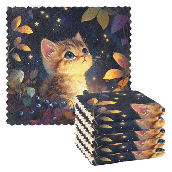 6 Pieces of Kitchen Towels 11x11Inch Kitchen Dish Cloths Kitchen Dish Towels Reuseable Cleaning Cloths Yellow Cute Cat