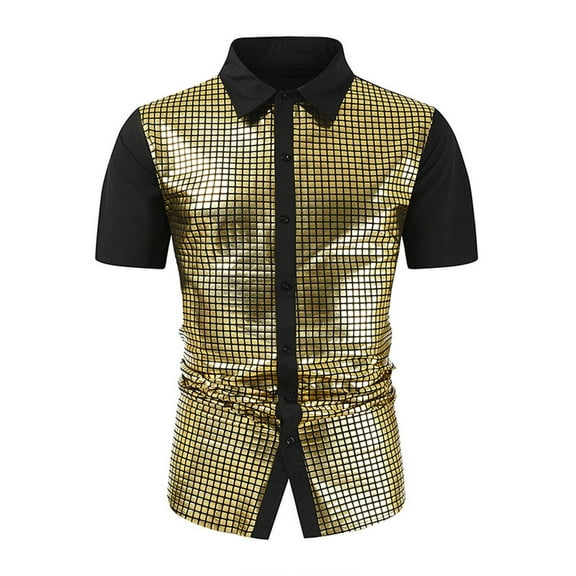 WREESH Men's Party Button Down Shirts Formal Sequin Buckle Shirts with Collar for a Bright and Colorful Appearance Yellow