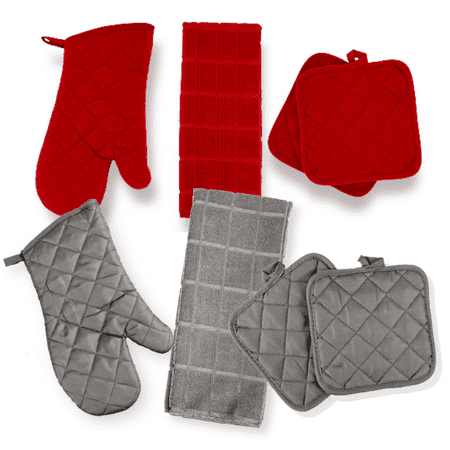 

Kitchen Towels - Gray & Red - Kitchen Towel Set - 2 Kitchen Towels 4 Pot holders 4 Scrubber Dishcloth 2 Oven Mitt - Set of 12