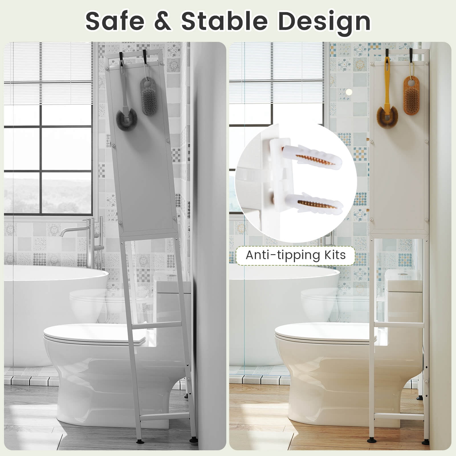 Costway 66” Bathroom Organizer with 2 Flip-up Cabinets, See-through Fluted Doors, 4 Hooks White