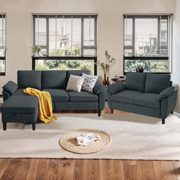 Pingliang Home Modern Sectional Sofa Couch with Storage Ottoman and Loveseat,Double Seater Couch and 3 Seater L Shaped Couch with Side Pockets for Home Living Room Apartment Office Studio