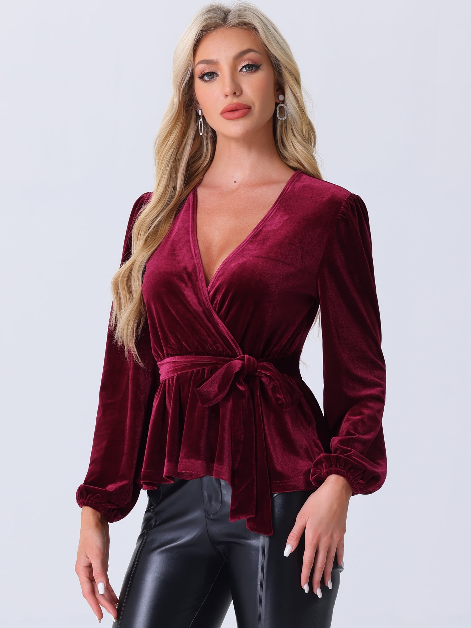 DARING DIVA Tie Waist Long Sleeve V Neck Blouse S Burgundy
