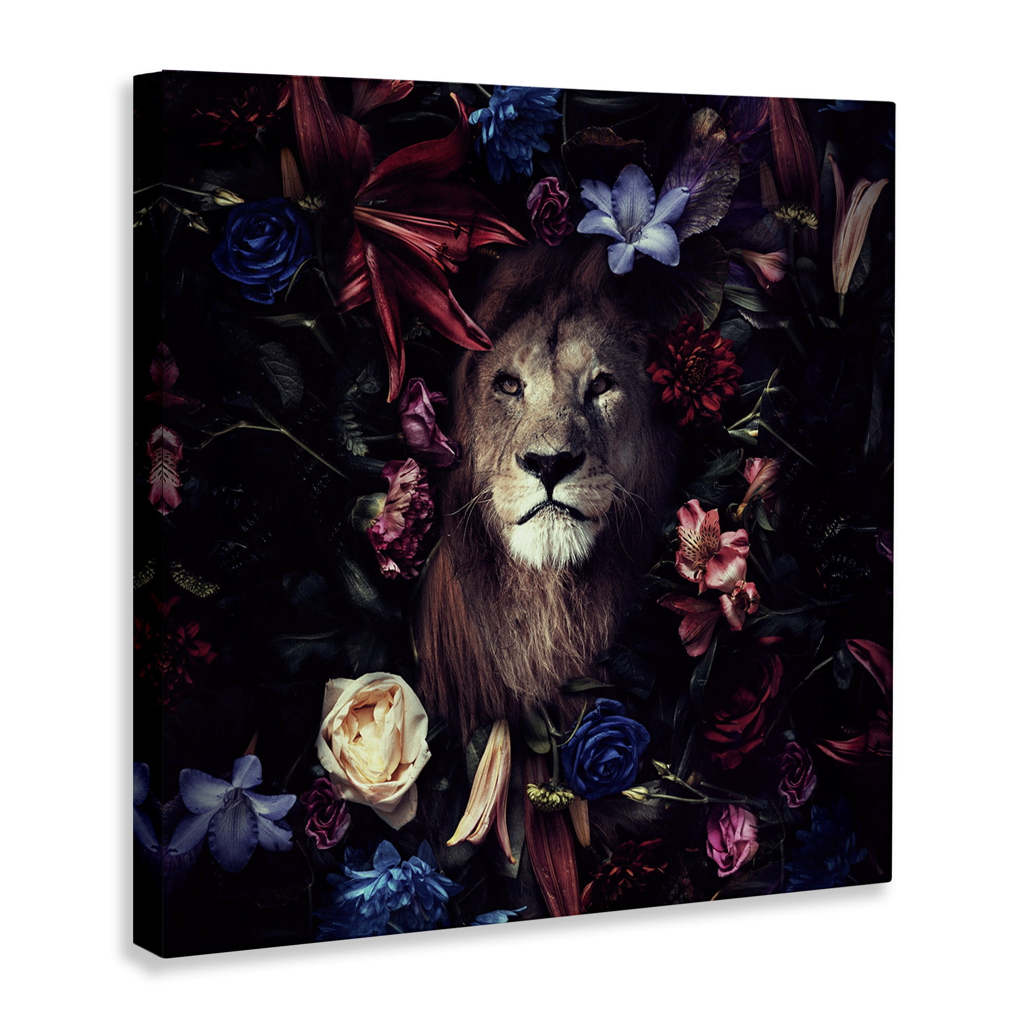 Stupell Industries Lion & Dark Blooms Animals Painting Wrapped Canvas Art Print Wall Art, 30 x 30