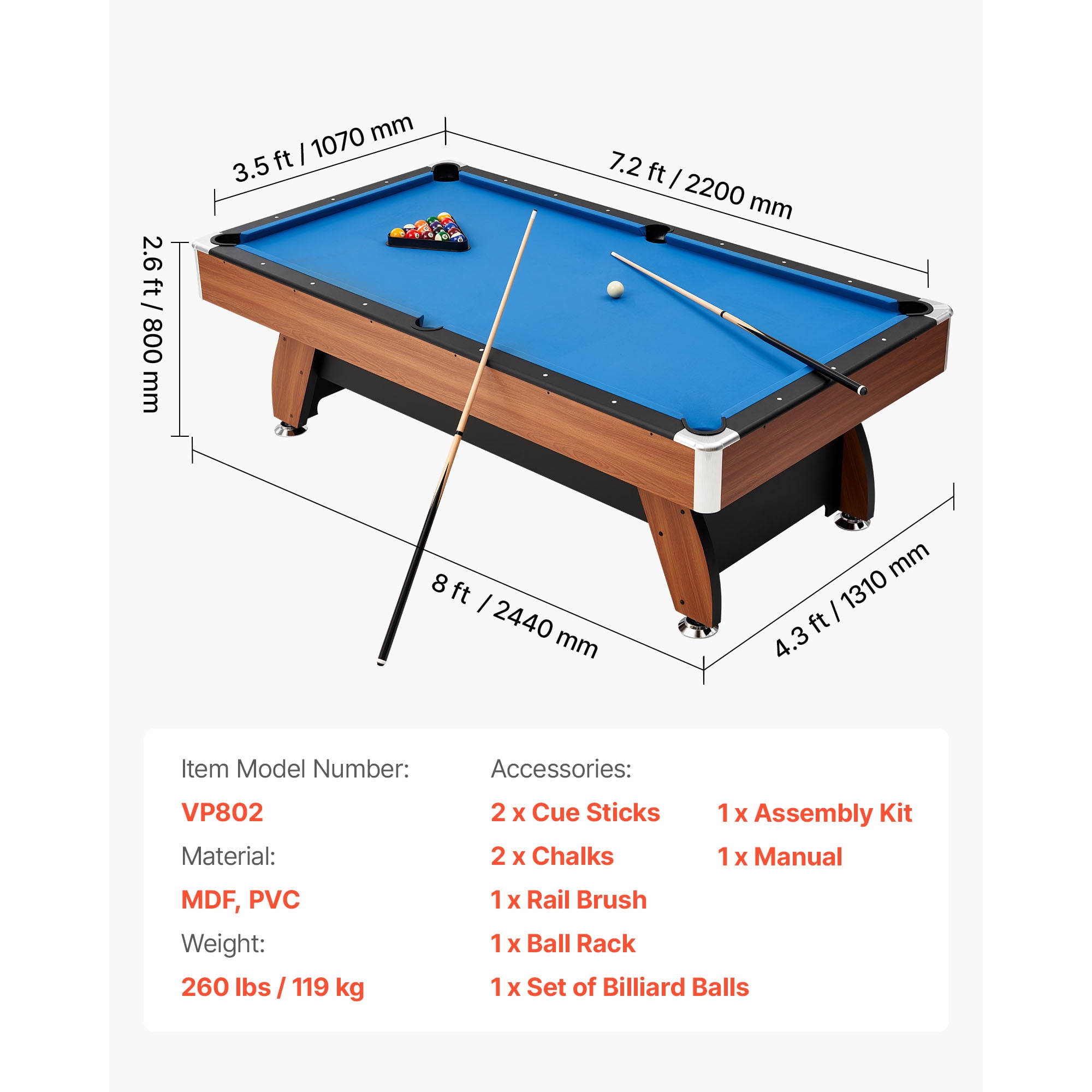 KFFKFF 8 ft Portable Billiards Table with Wood Finish, Adjustable Feet, Includes Balls, Cues, Rack, Chalks, Brush, and Blue Cloth, Ideal for Family Fun and Recreation Rooms