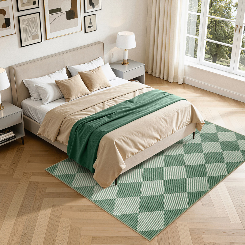 SUNDEREY 5'x7' Easy Jute Area Rugs for Living Room, Non-Slip Washable Rugs for Bedroom, Modern Farmhouse Diamond Checkered Rug, Moroccan Neutral Soft Low Pile Carpet for Office Dining Room, Green