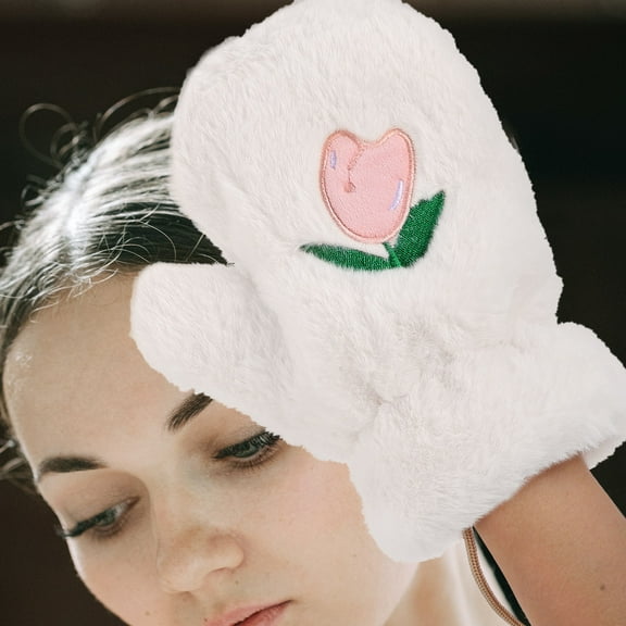 FELTECHELECTR 1 Pair White Polyester Full Finger Fluffy Design Gloves for Women Winter Warmth