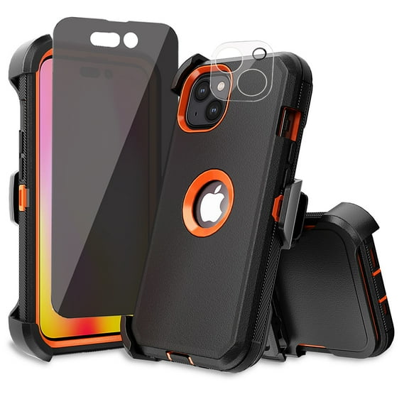 Xhy iPhone 14 Case with Belt Clip Holster Privacy Screen Lens Protector Military Grade Heavy Duty Shockproof Armor Durable Detachable for iPhone 14 6.1 inch 2022 Phone - Black Orange