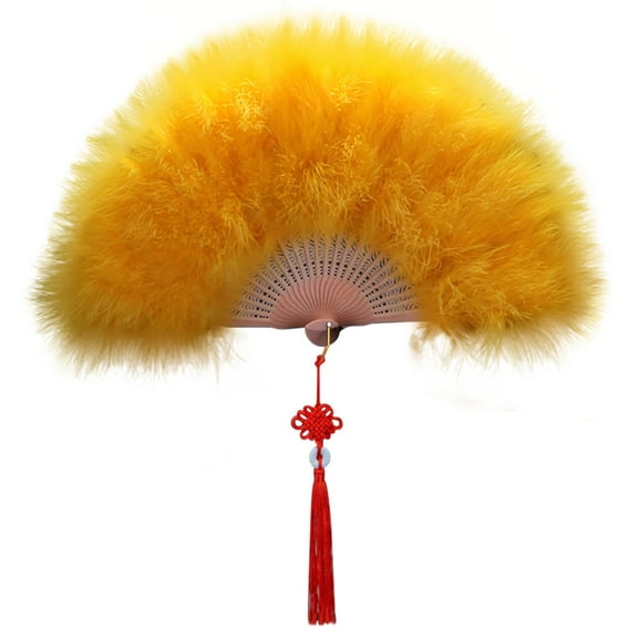 Vintage Feather Hand Fans with Tassels - Golden Foldable Stage Performance Fans for Dance, Costume, Wedding Decor and Special Events