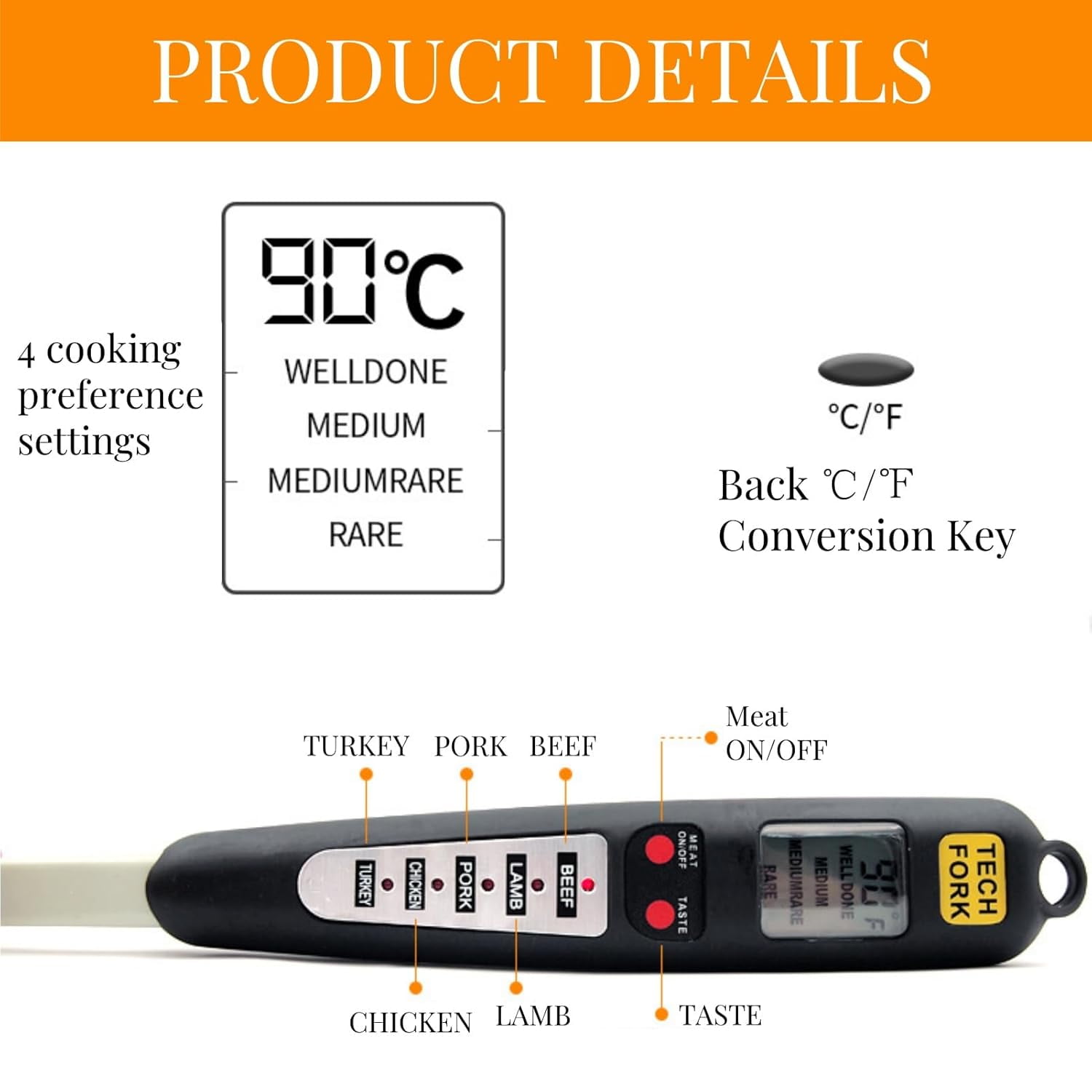 Digital Meat Thermometer Fork, Fast Read Grill with LED Display and Stainless Steel Probes for Steak Chicken Pork Turkey Hot Grilled Food