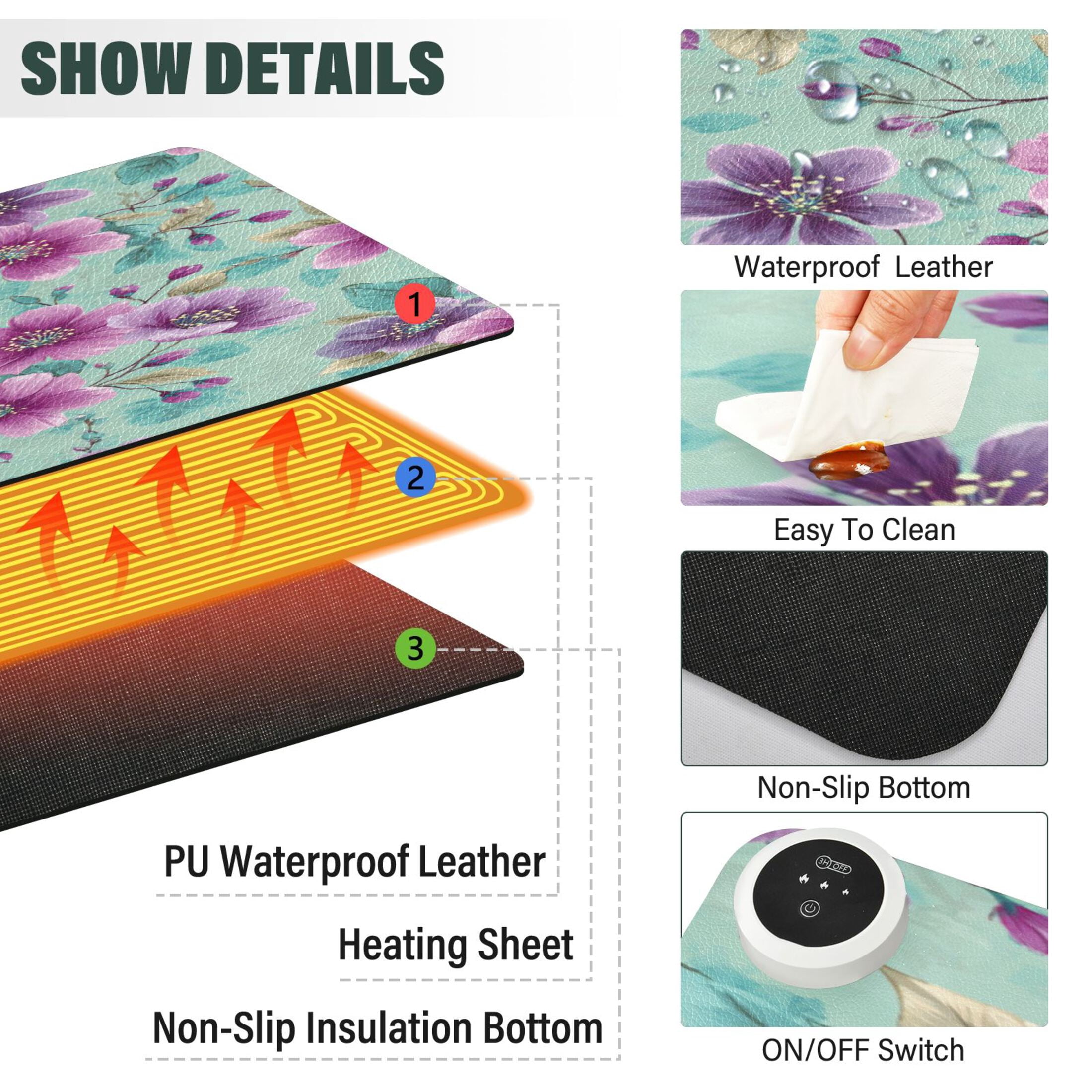 Large Heated Desk Mat Mouse Pad 31.5"x13"PU Leather Graphene Heating Desk Warmer with 3 Temperature Settings 110V US Plug Non-Slip Warm Pad for Home, Office, and Gaming Teal Purple Floral Print