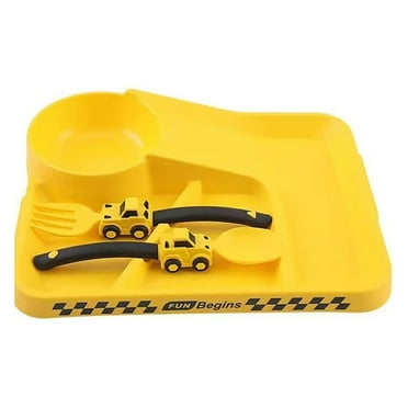 Construction Toddler Plates - Toddler Eating Utensil Set with Spoon and Fork Baby Plates Feeding Set Suitable for Kids Utensils - Dishwasher Safe - Portable Utensils Set for 0-5 Years
