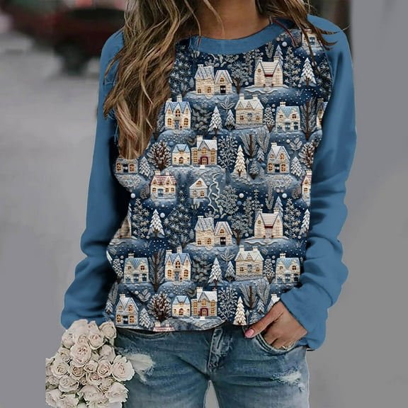 Herrnalise Womens fashion Christmas Printed Long Sleeves Blouse Round Neck Casual Tunic Tops Christmas Gifts For Women