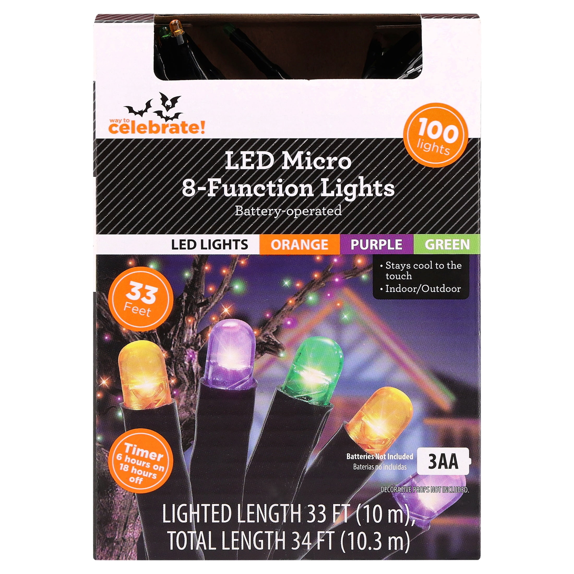 Indoor/Outdoor 100-Count Battery-Operated LED 8-Function Micro String Lights, Multicolor, 33', Halloween by Way To Celebrate