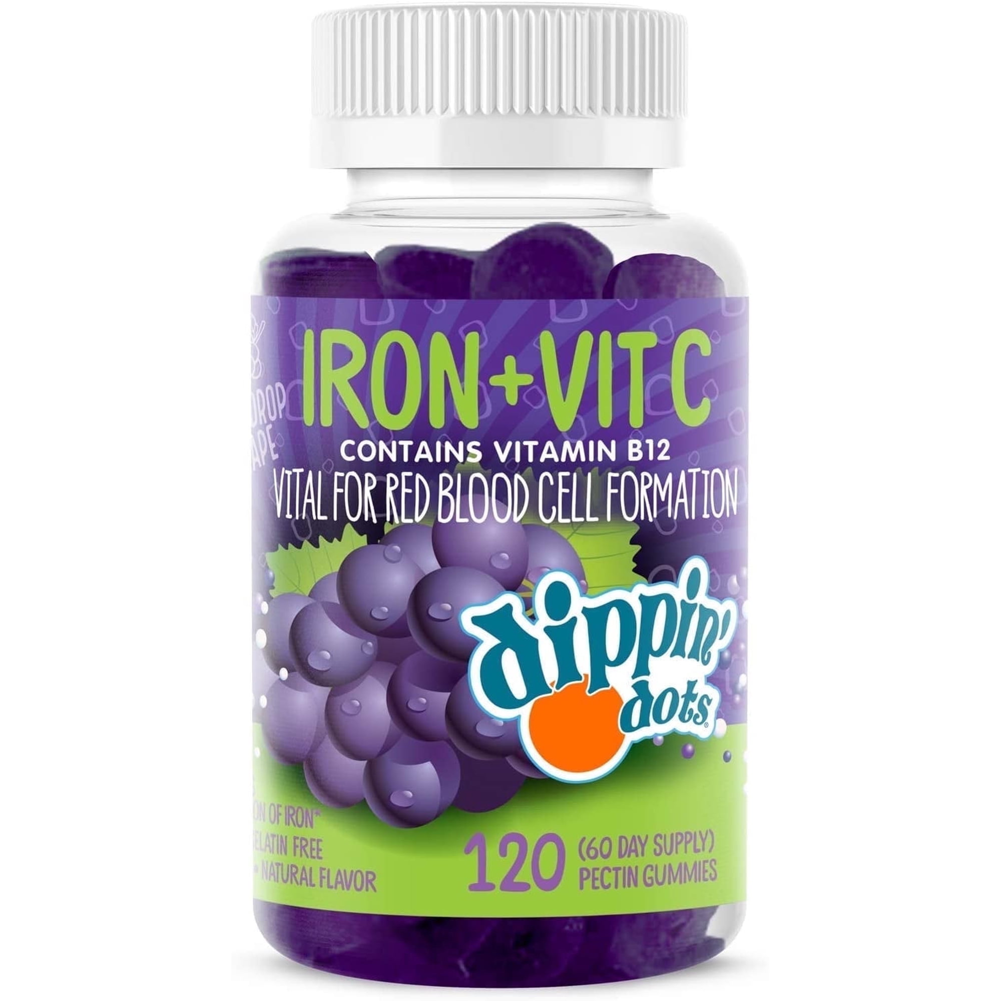 Dippin’ Dots Iron and Vitamin C Gummy Vitamins with B12 Supplements for Women and Men, 120 Gummies