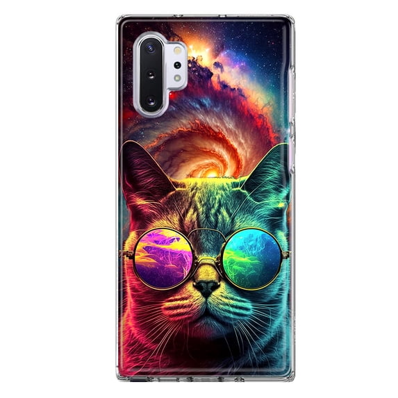 MUNDAZE Samsung Galaxy Note 10 Neon Rainbow Galaxy Cat Shockproof Clear Hybrid Protective Phone Case Cover