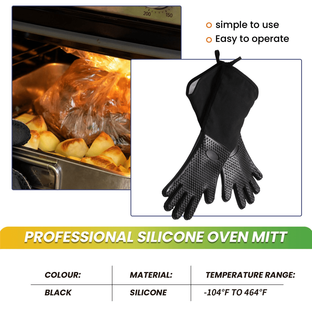 Extra Long Professional Silicone Oven Mitt, Heat Cooking Glove With Internal Cotton For Kitchen,Bbq,Baking,Grill - Black