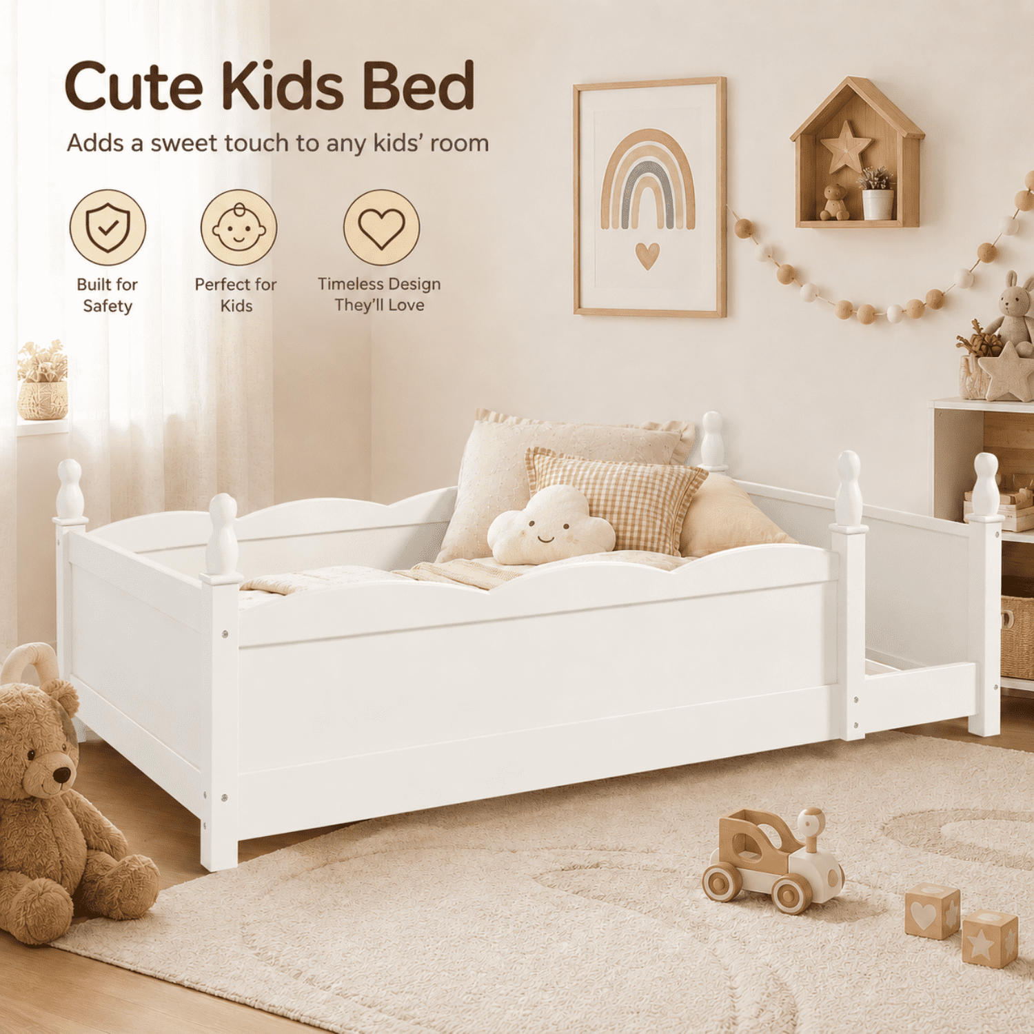 Miniyam Twin Floor Bed with Guardrails and Bookshelf, Kids Low Bed Frame for Bedroom, White