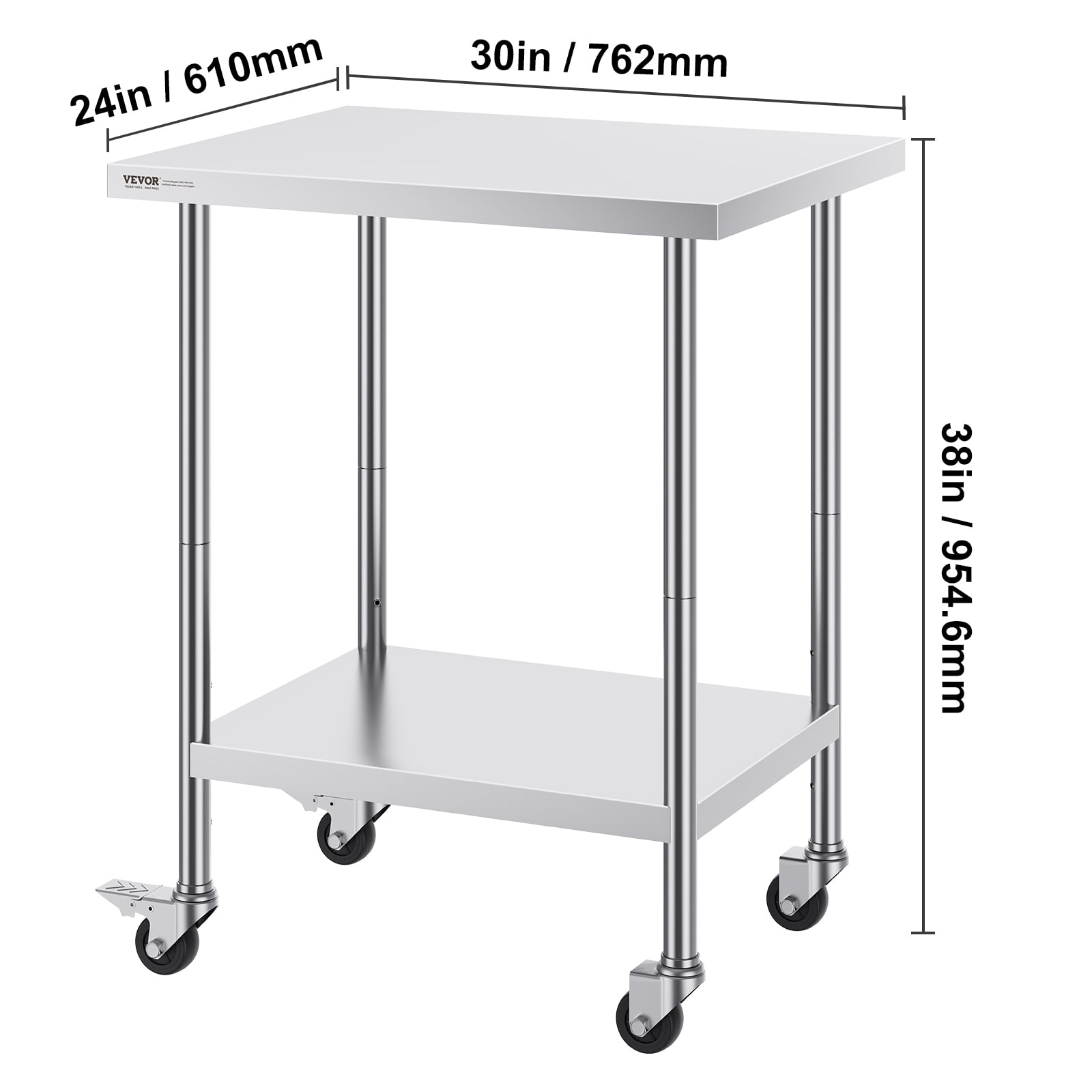 VEVOR Stainless Steel Work Table 24 x 30 x 38 Inch, with 4 Wheels, 3 Adjustable Height Levels, Heavy Duty Food Prep Worktable for Commercial Kitchen Restaurant, Silver