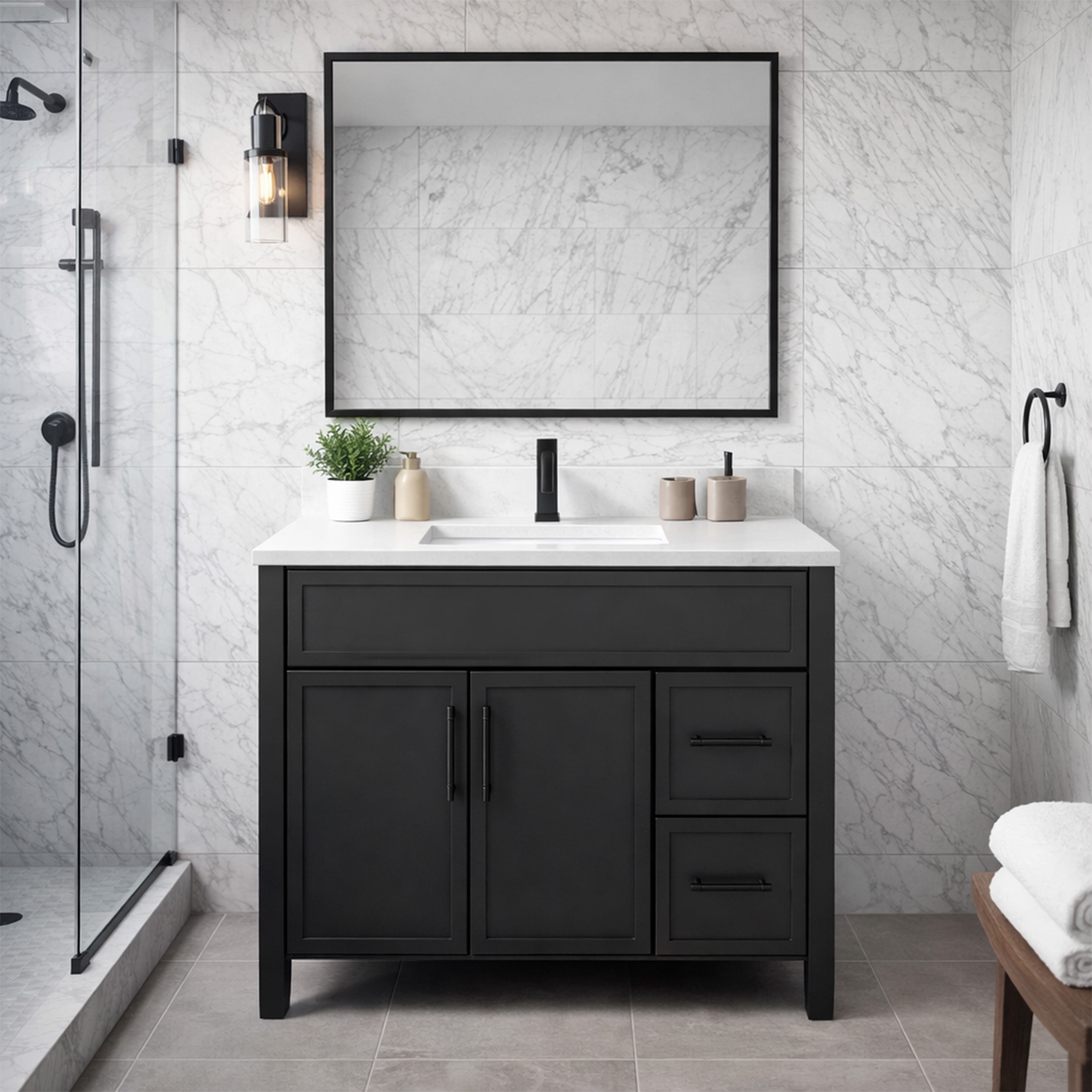 Design House Dawson 36-Inch Bathroom Vanity Cabinet, Fully Assembled, 2-Door 2-Drawer Freestanding, Comfort Height 34 in., Sherwin-Williams® Iron Ore, Matte Black Hardware, 228437-IO-FA