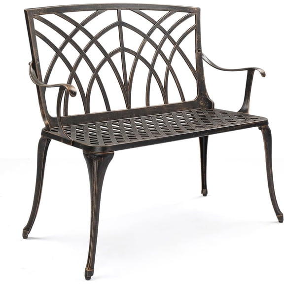 ZJTER 38" Outdoor Metal Bench, Cast Aluminium Garden Bench, Weatherproof Antique Finish Orchid Chair, 1-2 Person Seat Deck Furniture for Porch Entryway Patio (Brown)