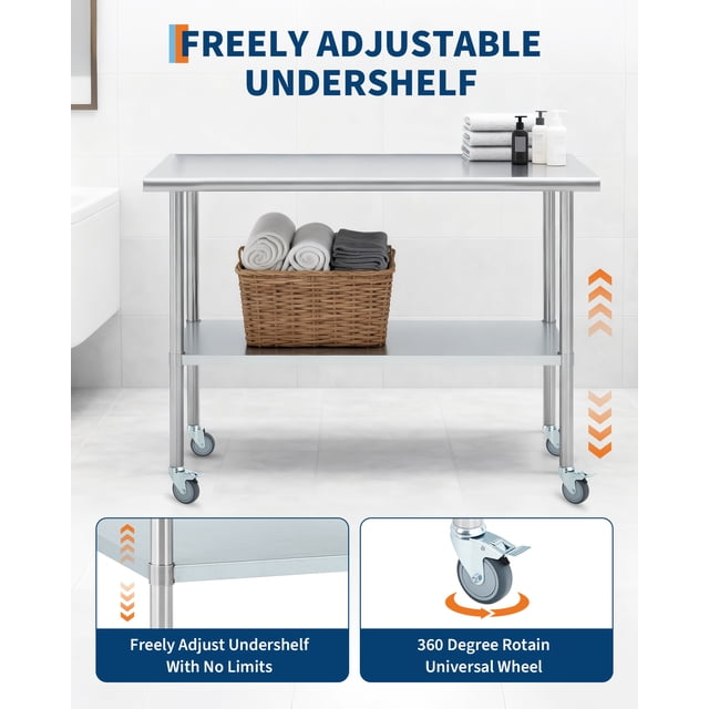EDTara Table de Préparation Commerciale en Acier Inoxydable avec 4 Roues, Établi de Cuisine 48x24 Pouces, Tablette Inférieure Réglable, Table Robuste Parfaite pour Restaurants, Garages et Cuisine Extérieure