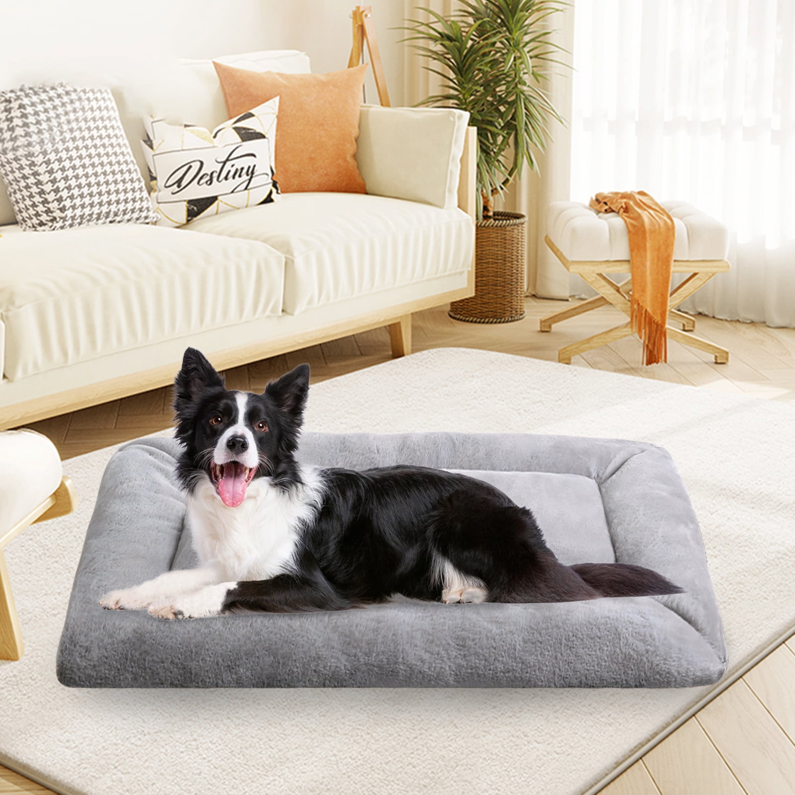 MERITLIFE Plush Washable Dog Bed Ultra Soft Dog Crate Mat Kennel Pad Anti-Slip Pet Sleeping Bed for Small Medium Large Dogs,Gray 48" x 30"