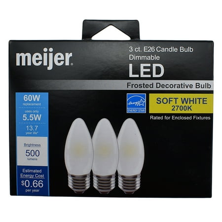Meijer 60W E26 Candle Glass Dimmable Frosted Soft White LED Light Bulb,