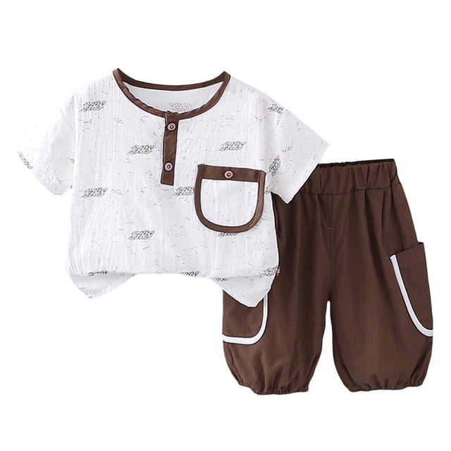 Girls Spring Outfits Two Piece Summer Set Lightweight Short Sleeve with Minimalist Design Newborn Boy Clothes Brown 6-12 Months