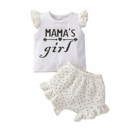 

Summer Newborn Baby Girls Clothes Casual Letter Print Short Sleeve T-shirt + dot printing Ruffle Shorts Outfits Set