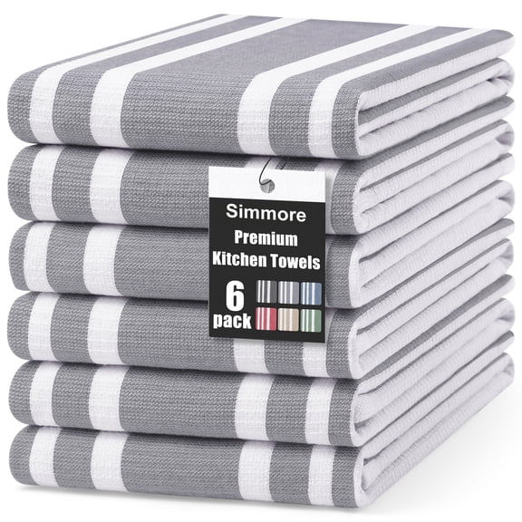 Simmore Kitchen Towels 18"x28"(6 Pack, Grey), Large Cotton Striped Hand Towels Kitchen with Hanging Loop, Reusable Absorbent Dish Cloths for Washing Dishes