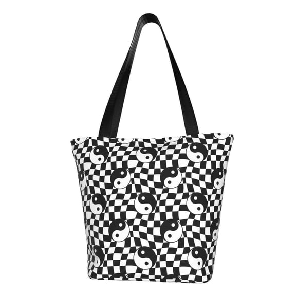 Defioc Ying Yang Checkered Print Tote Bag for Women,Shoulder Bag with Zipper Casual Tote's Handbag Big Capacity Shoulder Bag with Inner Pocket Fit for Shopping,Office,Travel