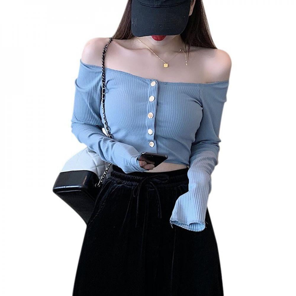 Kawaii Vetements Exposition Nombril T shirt Version Coreenne du Bouton de Couleur un Seul Mot Col Slash Chemise de Cou Walmart