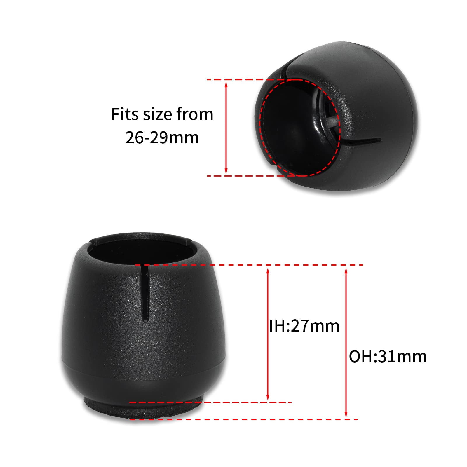 Flyshop 8PCS Round Chair Leg Caps with Felt Pads Durable PVC Protective Feet Cap Prevent Scratches Reduce Noise Felt Furniture Pads, Black Floor Protectors, 26 to 29 mm