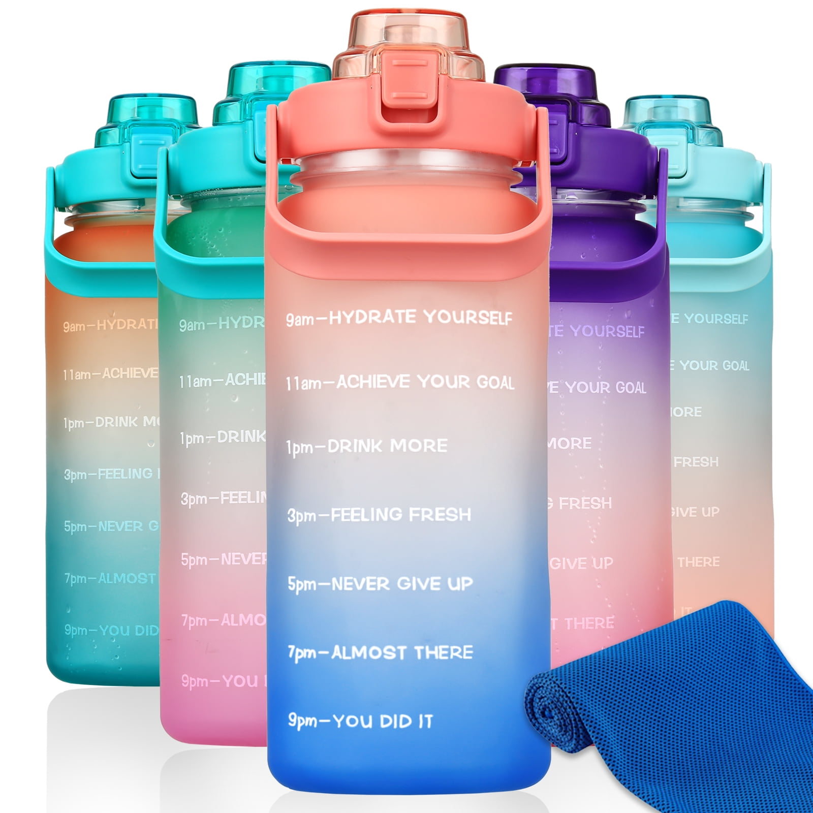 RYI Large Motivational Water Bottle with Straw Time Marker BPA Free for Sport and Fitness (Pink Blue, 64 oz / Half Gallon)