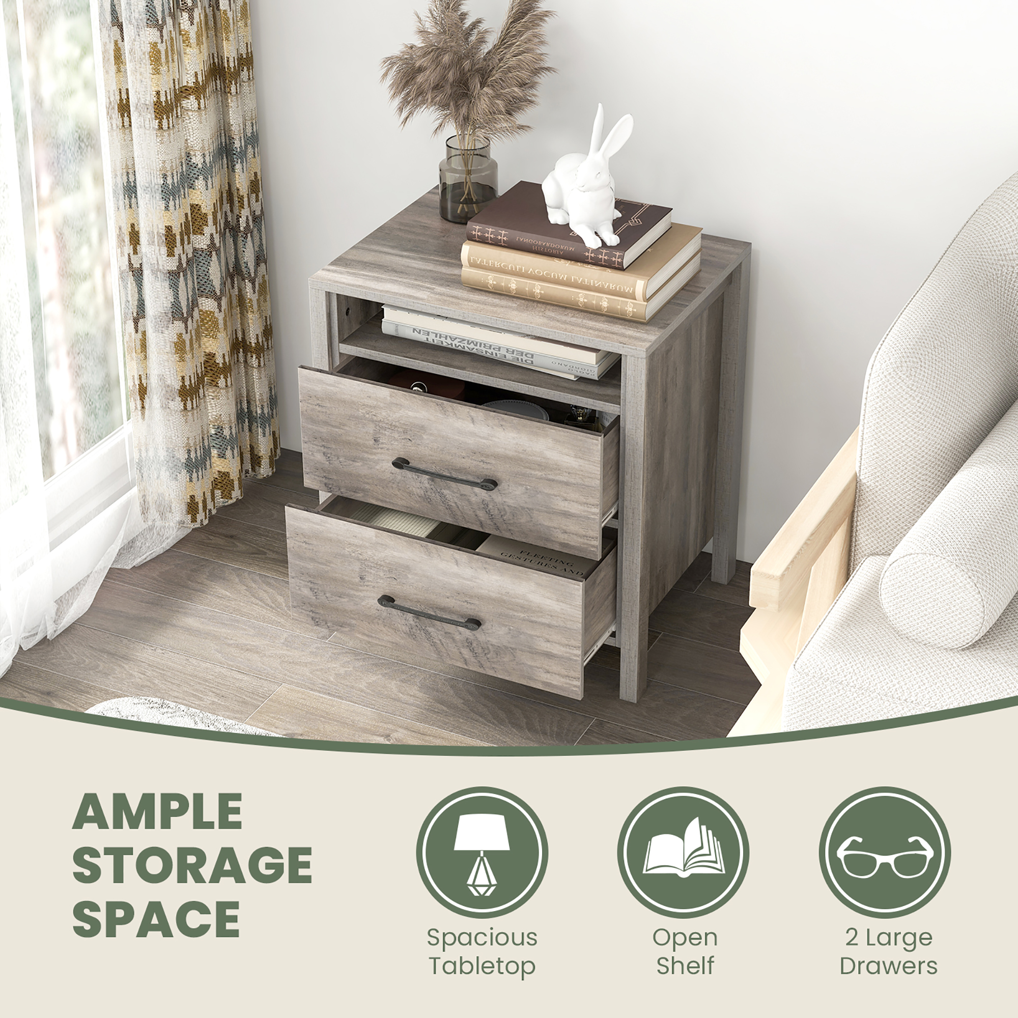 Gymax Nightstand w/ 2 Drawers Farmhouse Bed Side Table w/ Open Storage Shelf