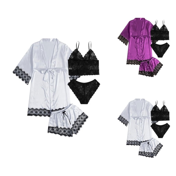 Silky Robe Sets for Women Lace Short Sleeve Kimono Robe Crop Cami Tank Top Panty and Pajama Shorts 4 Piece Pjs Set