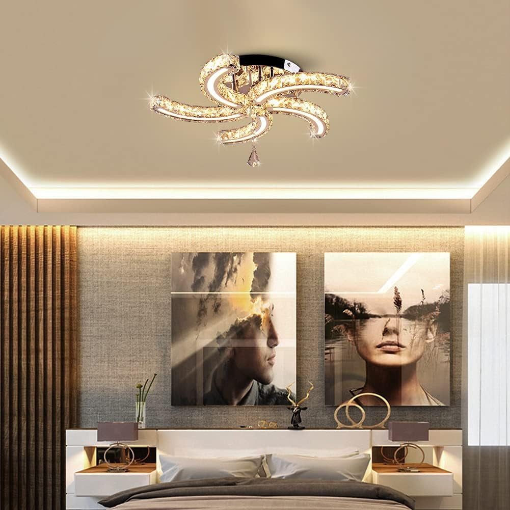 FRIXCHUR Modern Dimmable Crystal Led Ceiling Light 5 Arms Acrylic Crystal Chandeliers Stainless Steel Pendant Light