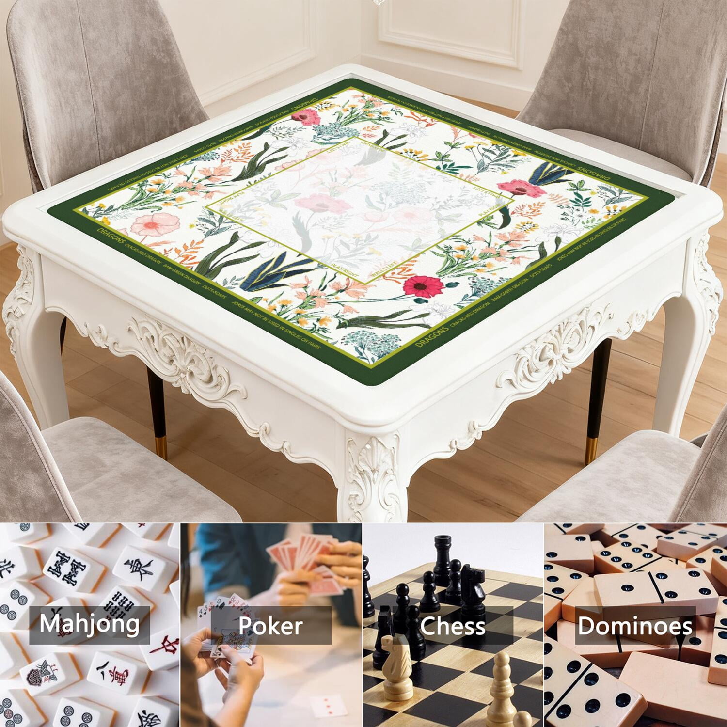 Floral Mahjong Mat with Rules, 31.5*31.5in Anti Slip American Mahjong Mat for Table, Noise Reduction, Neoprene Mah jongg Mats with Carrying Bag & 3 Dices, Mahjong Set Gift, Board Tile Games Mats