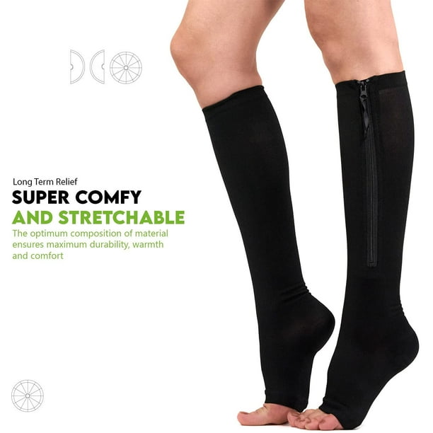 2 Pairs Zipper Compression Socks Thigh High 20-30 mmHg Compression Socks  with Zipper Closed Toe