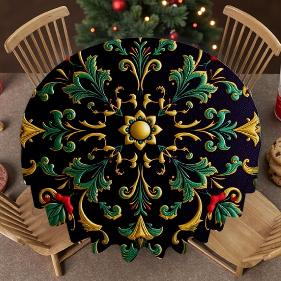 RKSupls 60 Inch Round Tablecloth, Ornate Baroque Floral Polyester Table Cover - Soft, Stain Resistant & Washable Decor for Wedding, Party, Holiday, Home Dining