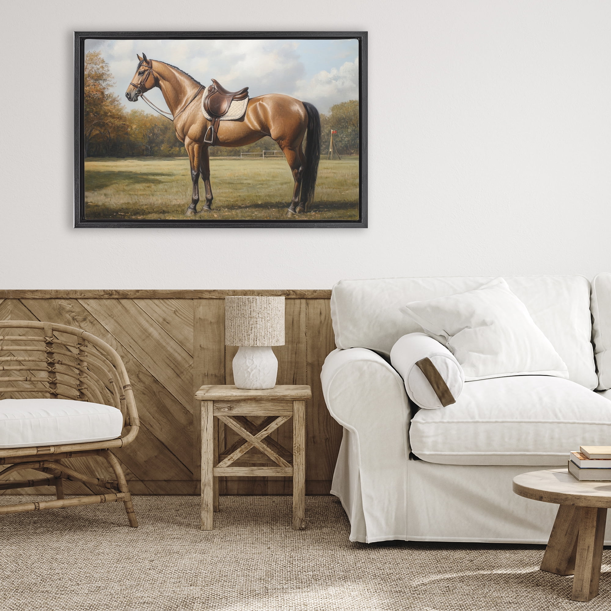 Stupell Industries Show Ready Horse with Saddle Black Framed Floater Canvas Wall Art, design by Petal Prints Design